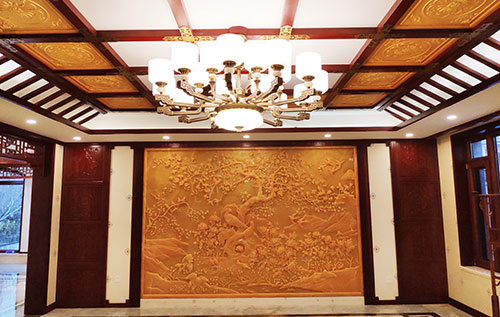 定陶中式别墅客厅中式木作横梁吊顶装饰展示